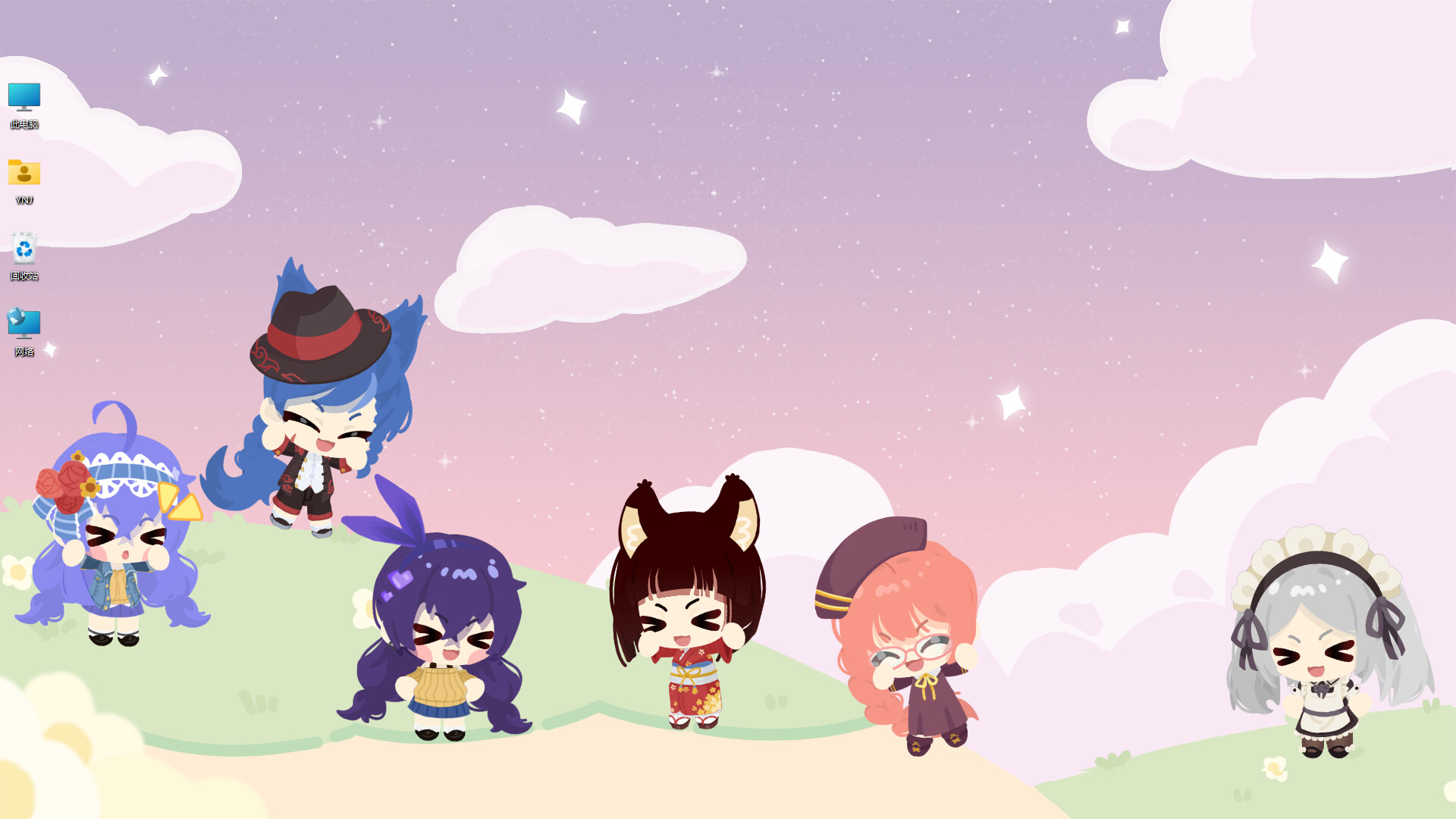 Finished Character House companions standing together in a pastel desktop scene